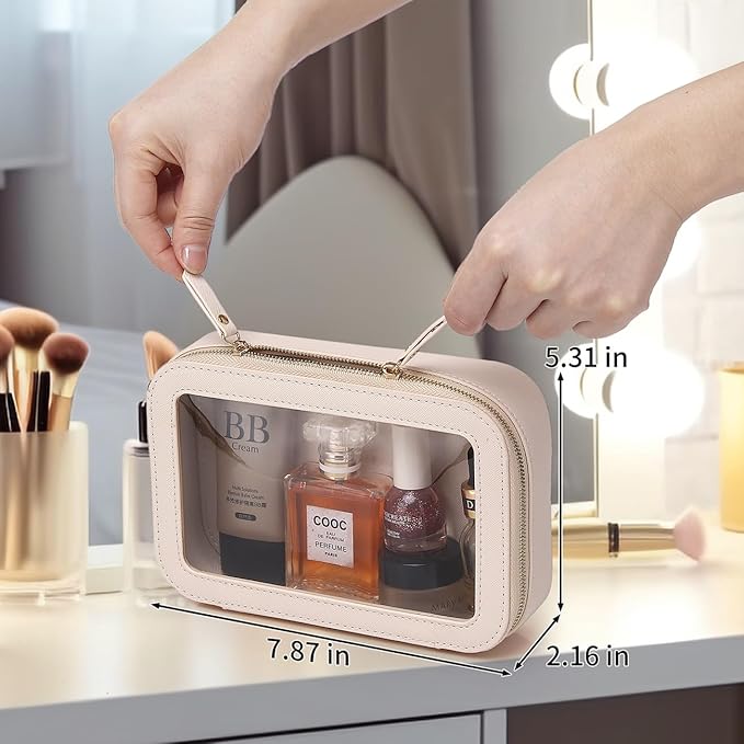 Clear Makeup Bag Small Cosmetic & Toiletry Bag Waterproof Travel Case Women's Pouch Organizer Makeup Bag for Car with Zipper Women (Beige, Small-1)