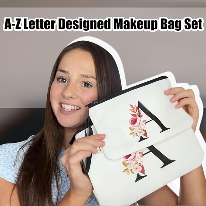 Vavabox A-Z Personalized Makeup Bag, Birthday Gifts for Women Mom, Gifts for Best Friend, Bride Bridesmaid Cosmetic bag (N, 03-White Set)