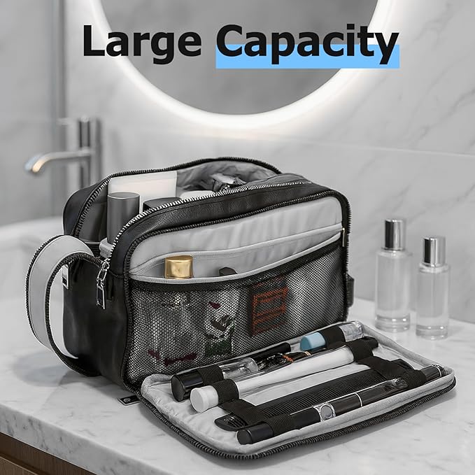 MIRASON Travel Toiletry Bag for Men Leather Travel Bag for Toiletries, Dopp Kit Water-resistant Shower Bag for Shaving Bathroom Organizer Gifts for Men, Black
