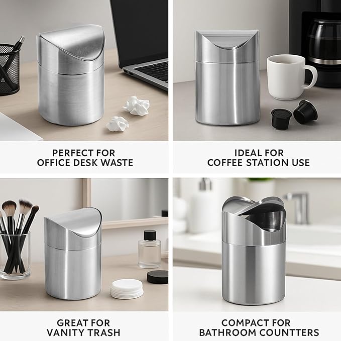 Small Mini Trash Can with Lid, Brushed Stainless Steel Small Tiny Mini Trash Bin Can, Mini Countertop Trash Cans for Desk Office, Swing Top Trash Bin 1.5 L/0.40 Gal (Sliver)