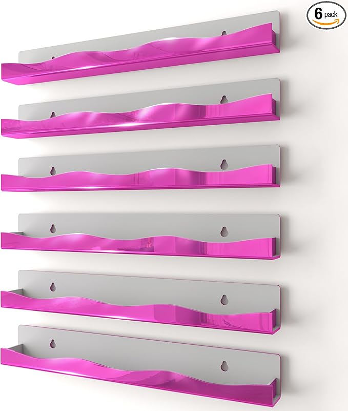 YMVV Wall-Mounted Nail Polish Organizer Rack - 15 Inch Pink Mirror Finish Nail Polish Shelf, Makeup & Beauty Essentials Storage - Multi-Purpose Display Holder for Small Space, Vanity Bathroom, 6 Pack