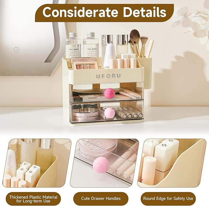 Makeup Organizer for Vanity with Brush Holder, Countertop Skincare Organizer with 2 Drawers, Spacious Cosmetic Display Case for Perfumes, Eyeshadow Palettes, Nail Polishes
