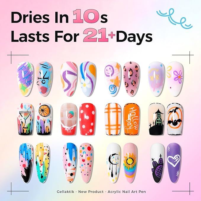 6 Colors Nail Art Pens Set, 3D Nail Polish Pens Quick-Drying Acrylic Paint Markers, Dotting Liner Brush for DIY Nail Design, Home & Salon Manicure Tools