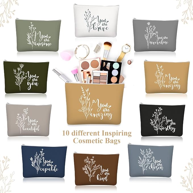 Coume 10 Pcs Valentines Canvas Makeup Bags Bulk, Inspirational Quotes Cosmetic Zipper Encouragement Travel Pouch Toiletry Bag Women Teacher Friend Birthday Gift(Natural Color,Aesthetic)