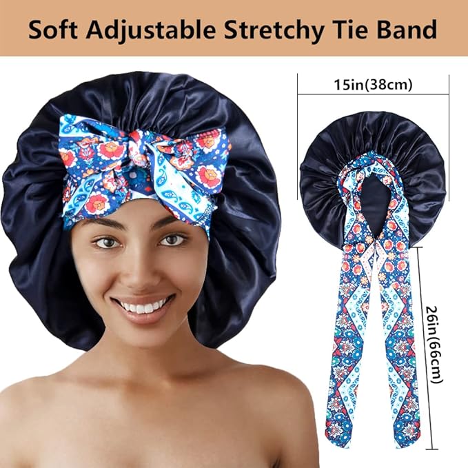 2pcs Large Silky Bonnets with tie Band Braid Bonnet, Satin Bonnet for Sleeping Curly Hair, G