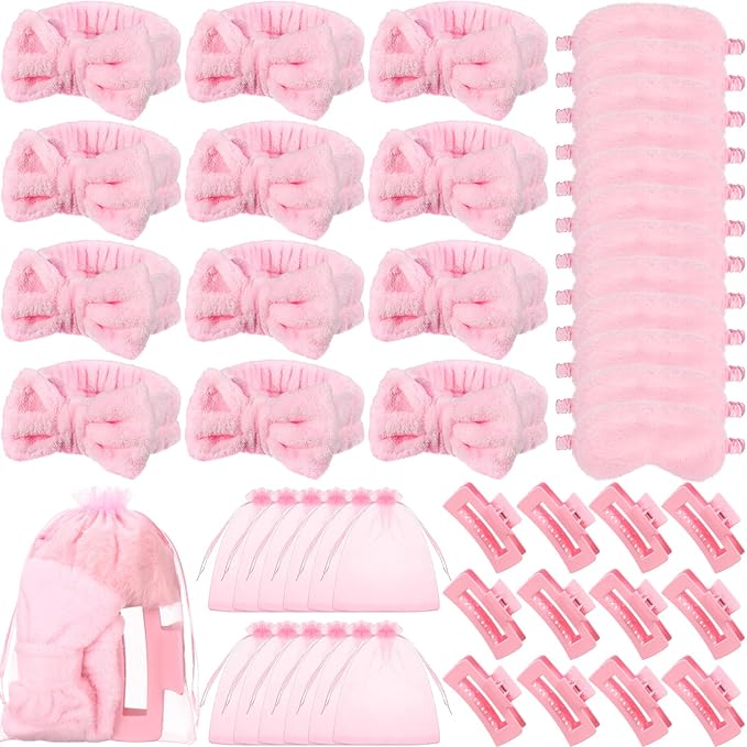 48 Pcs Galentine Spa Party Supplies Sleepover Essentials 12 Spa Headband 12 Plush Eye Mask 12 Claw Clips 12 Organza Bag for Adult Slumber Party Supplies Valentine Gift(Pink)