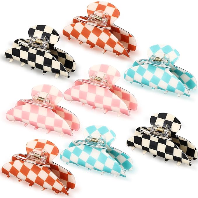 8 Pcs Large Acrylic Hair Claw Clips for Women Non-slip Strong Hold Jaw Clamps for Thick Thin Hair(Checkerboard,Neon Color)