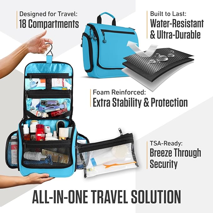 VENTURE 4TH Hanging Travel Toiletry Bag for Women & Men – Large Toiletry Organizer with 18 Compartments, Removable TSA Pouch, Travel Wash Bag for Toiletries, Makeup & Shaving Kit (Light Blue)