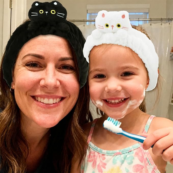 3 PCS Spa Headbands for Women & Girls Cute Hair Band for Washing Face Skincare Makeup Headband for Woman Fluffy Cat Facial Headband Spa Day Essentials (Black White Khaki)