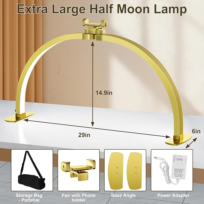 iVict Half Moon Light for Nail Desk, 29“ 40W Nails Tech Light with Phone Stand, 10 Adjustable Brightness, Led Desk lamp for Nail, Tattoos, Beauty(Gold)