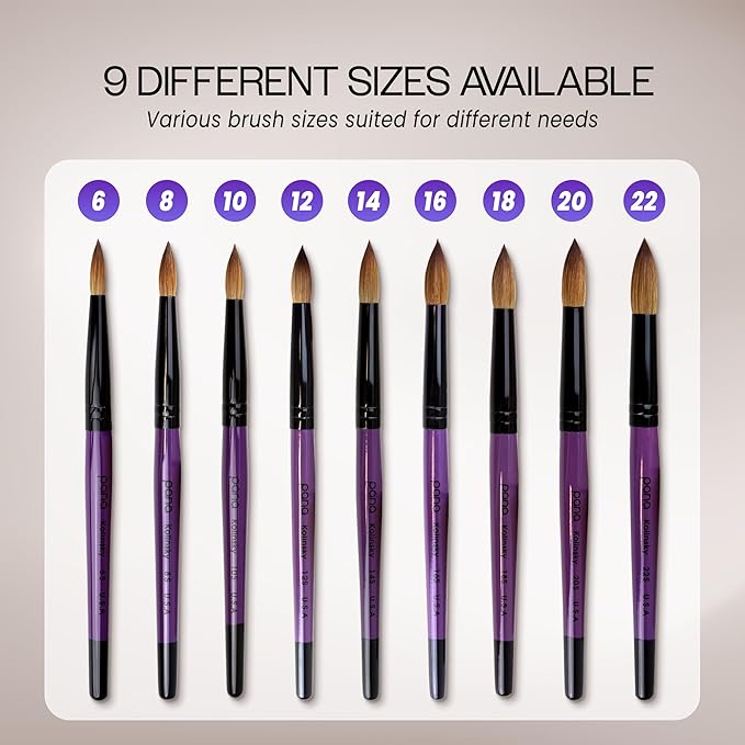 PANA Pure Kolinsky Hair Acrylic Nail Brush - Round Shape Black Ferrule with Purple Wood Handle (Size 16) - Nail Brush for Acrylic Nail Application, Nail Extension, Manicure Pedicure Salon Beginner and