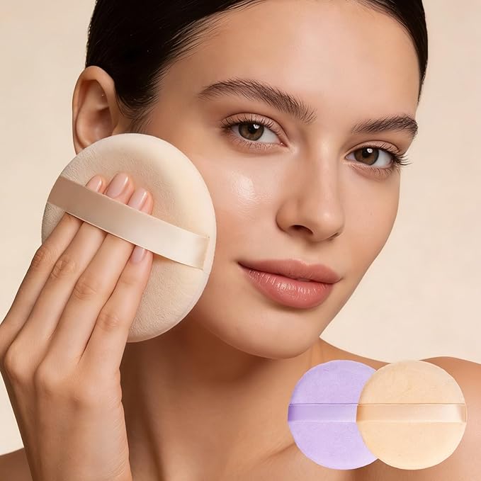 3 PCS Extra Large Body Powder Puff and Container - 6 In Glass Dusting Powder Container with Puff, Body Powder Puff for Women Soft Washable Reusable Fluffy Makeup Wet Dry (Amber)