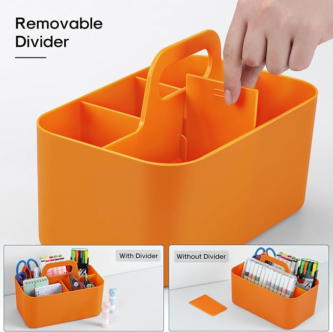 Multiuse Caddy Organizer with Handle, Stackable Plastic Tote Bin - Art Craft Supplies, Office, Desk, Stationery Pen Holder, Kitchen, Utensil, Makeup, Bathroom, Shower, Cleaning, Dorm Organizer, Orange