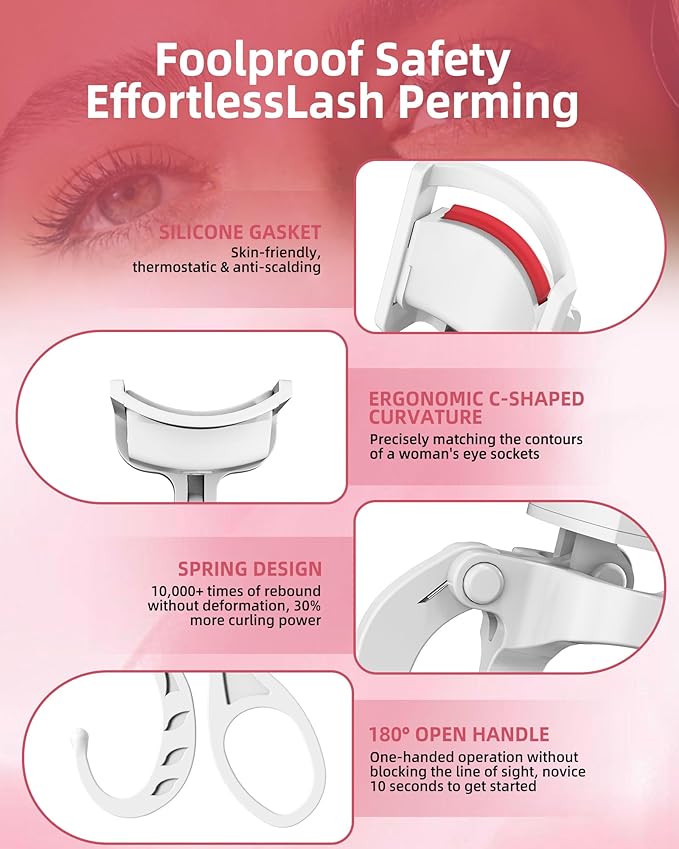 Heated Eyelash Curler, 5s Fast Heating Electric Eyelash Curler, Safe Anti-Burn Eyelash Curlers with Silicone Pad, Type-C Quick Charge, Intelligent Temp Control, 24H Long-Lasting Curls (White)