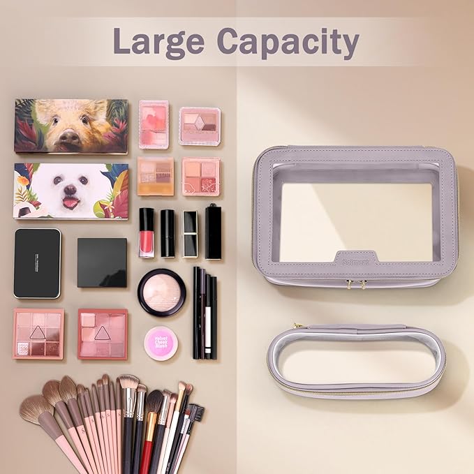 Travel Clear Makeup Bag with Makeup Brush Bag, Leather Makeup Case Toiletry Bag, Portable Cosmetic Bag Case, Transparent Waterproof Cosmetic Organizer Storage Bag for Women, Purple