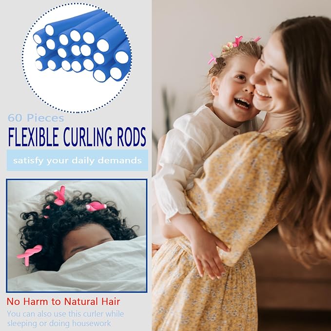 BIEAEIA 60 Pieces Flexible Curling Rods 9.45 x 0.31 inches, Soft Foam No Heat Hair Rollers for Long Hair Short Hair Women Girls, Hair Curlers Set with Steel Pintail Rat Tail Comb, Dark Blue