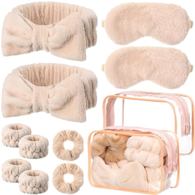 Hoteam 10 Pcs Galentine Spa Party Supplies Valentine Gift Set Sleepover Party Favor Spa Headband Wristband Sleep Eye Mask Velvet Scrunchies for Skin Care Makeup Slumber Night Favor(Khaki)