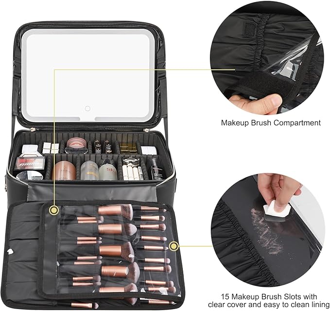 Relavel Makeup Bag with LED Mirror, 16.2 inches Large Professional Makeup Case for Makeup Artists, Travel Portable Cosmetic Organizer Storage Box for Women, Vanity Case with 3 Colors Lighted Mirror
