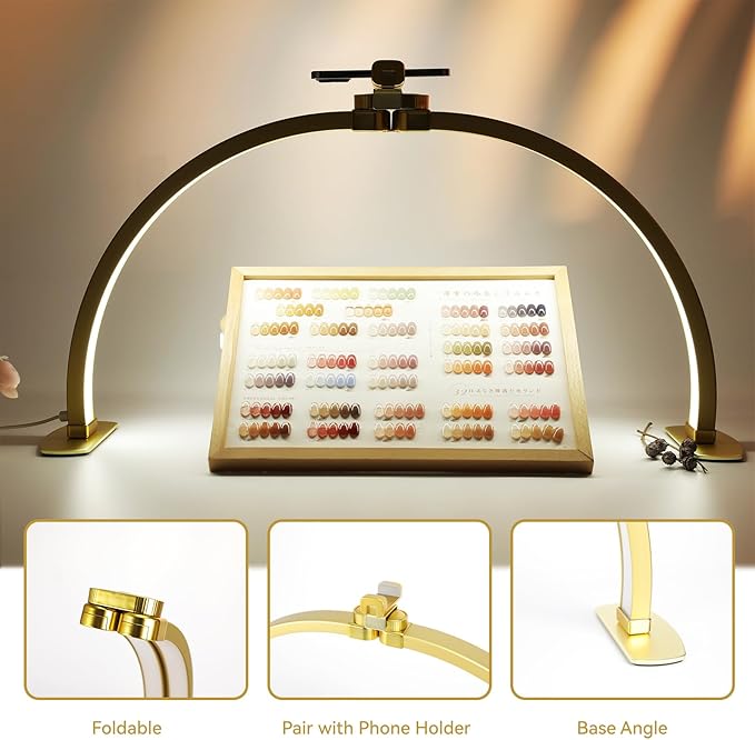 Foldable Large Half Moon LED Light for Table Nail Desk with Phone Stand, Upgrade Arch Light for Nail Techs with Wire Controller for Manicure Tattoo Beauty (Gold, Large)