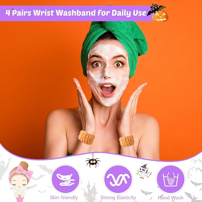 Chuangdi 4 Pairs Wrist Bands for Washing Face Wrist Spa Microfiber Wash Towel Band Scrunchies Absorbent Wristbands Sweatband for Women Prevent Liquid from Spilling(Orange)