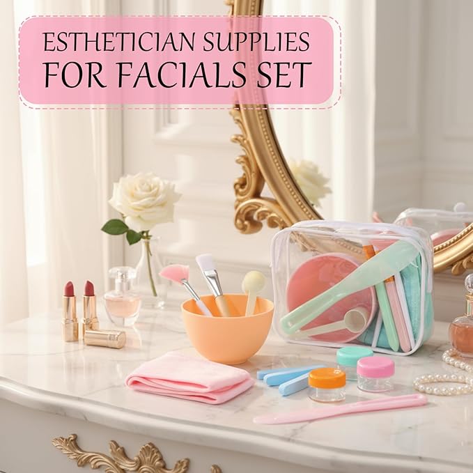 LemonRoad 34 Pcs Esthetician Facial Supplies Include Facial Bowls Brushes Jars Measuring Spoons Hairbands Esthetician Essentials Valentines Gift Set For Women(Multicolor)