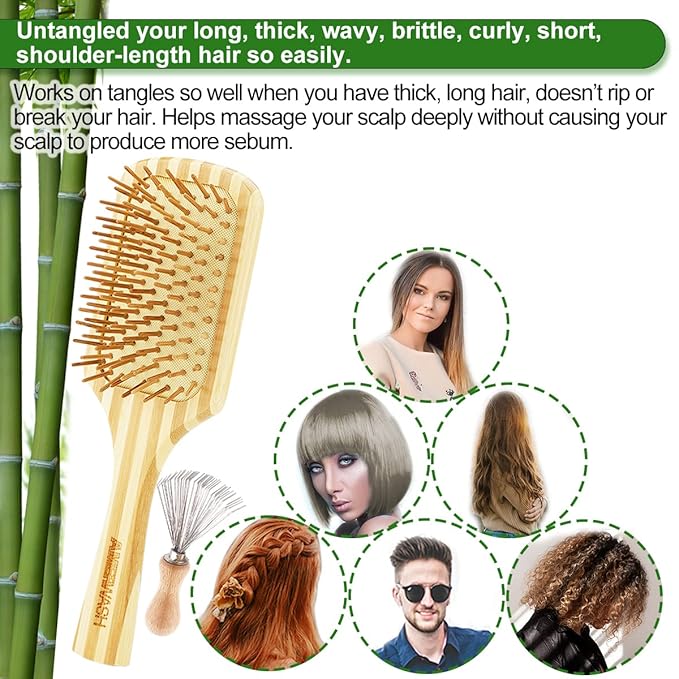 Bamboo Hair Brush with Cleaner Tool for Women Men Thick Curly Hair, Bamboo Bristle Large Wood Paddle Detangling Brush Helps Hair Growth, Enhance Shine & Health, Massaging Scalp - 2 Pack