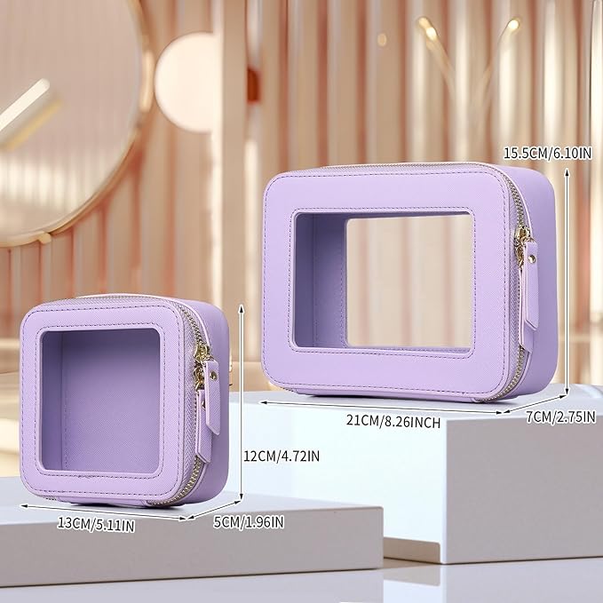 Clear Makeup Bag Set Travel Cosmetic Bag and Toiletry Bag Women's Purse Pouch Cosmetic Stroage Organizer Case with Zipper Car Essentials (Purple, M+Mini)