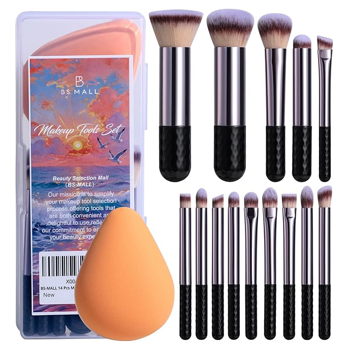 BS-MALL 14 Pcs Makeup Brushes Set With Dual-sided Beauty Makeup Sponge - Foundation Brush & Makeup Sponge,premium Luxury Brush Collection For Face & Eye,for Flawless Application (Orange)
