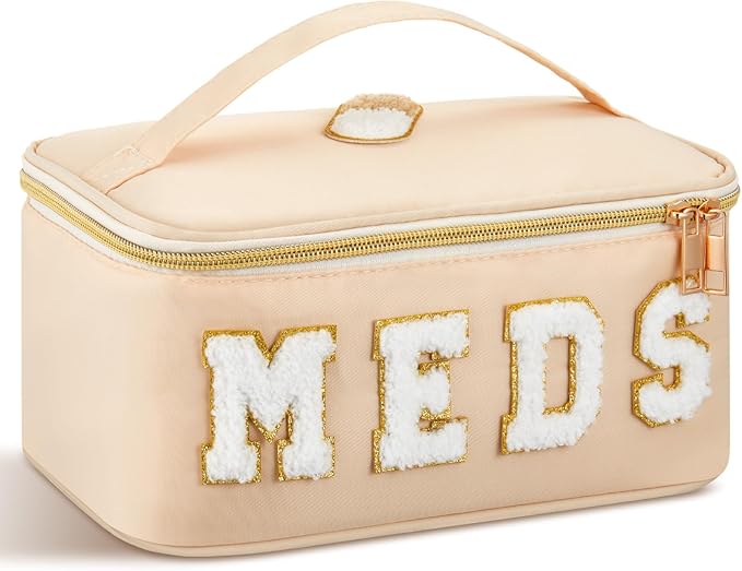 Geetery Clear Makeup Bag Chenille Letter Meds Bag Travel Cases Preppy Patch with Zipper, Portable Cosmetic Toiletry Storage case for Women(Meds,Cream)
