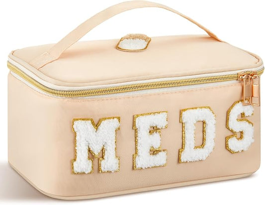 Geetery Clear Makeup Bag Chenille Letter Meds Bag Travel Cases Preppy Patch with Zipper, Portable Cosmetic Toiletry Storage case for Women(Meds,Cream)