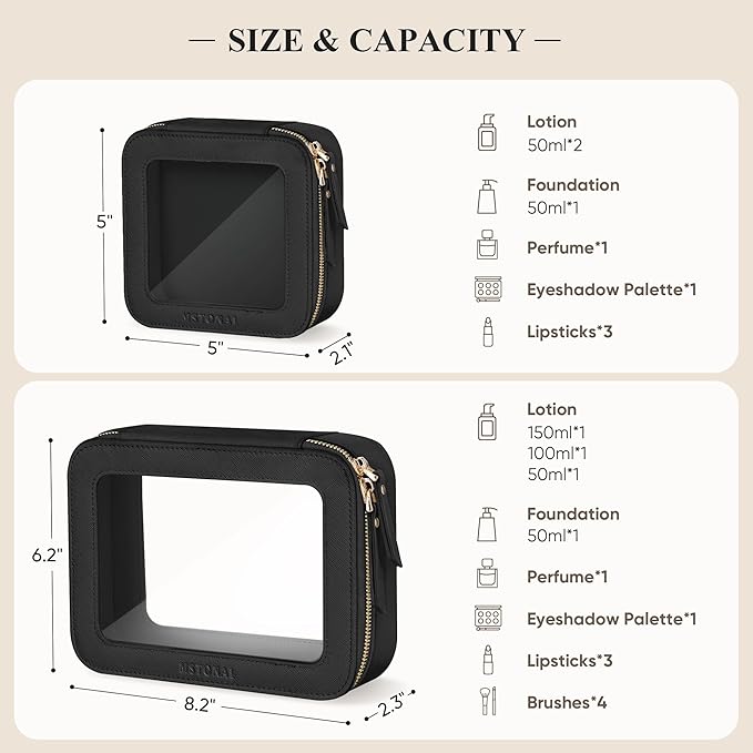 Clear Makeup Bag, Travel Toiletry Bag Cosmetic Case for Women, Waterproof Portable Small Make Up Skincare Pouch with Zipper, Compact Car Organizer Bag for Essentials, Mini Size, Black