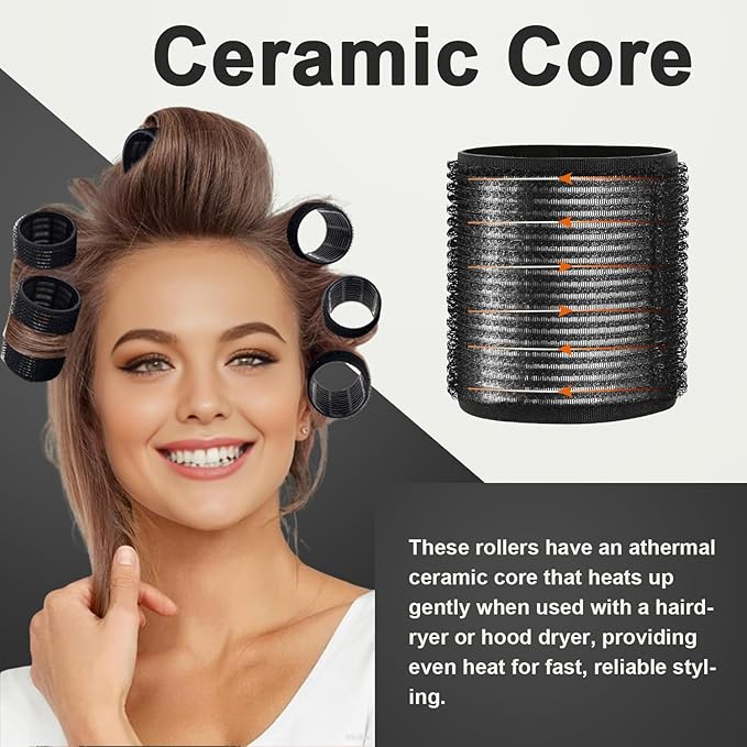 HYOUJIN 18 Pcs Thermal Hair Rollers,Self Grip Jumbo Thermal Curlers Set,Large Rollers for Women,Heatless Curlers for Blowout Volume and Curling Look for Long,Short Hair(Black,60 48,36mm)