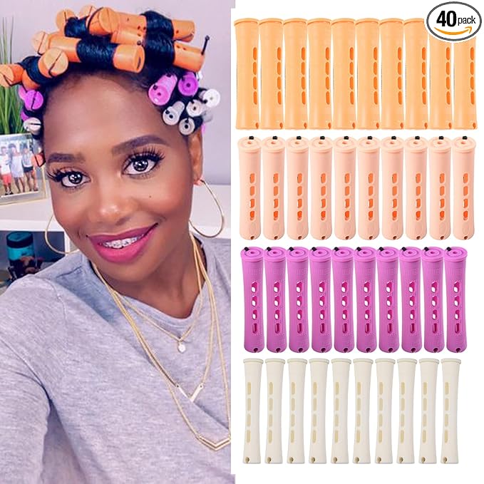 40pcs Perm Rods Set for Natural Hair 4 Sizes Cold Wave Rods Hair Rollers for Women Curling Rods for Long Medium Small Hair Curler Styling DIY Hairdressing Tools（Orange+Beige+Purple+white）