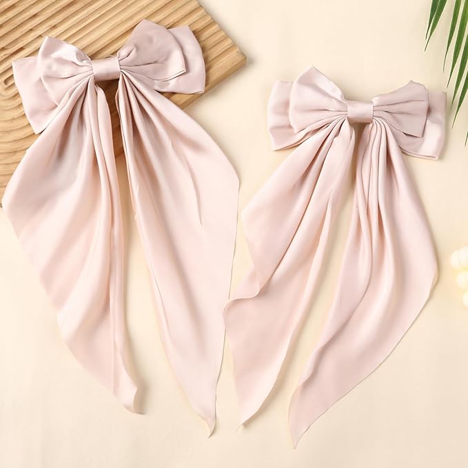 2PCS Big Hair Bow Clips for Women Girls – Rose Satin Ribbon Bow Barrettes with Long Tails, Large Romantic Hair Accessories for Ponytail, Wedding & Gift