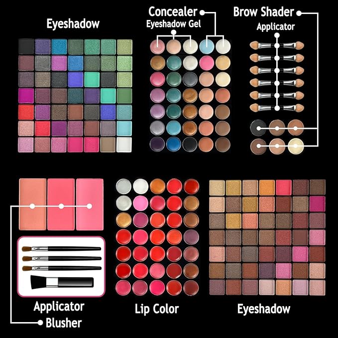 177-Color All-in-One Makeup Palette with 10 Brushes, Portable Case, Eyeshadows, Gel Eyeshadow, Lip Gloss, Concealer, Blush & Brow Powder – Complete Beauty Set for Women & Girls