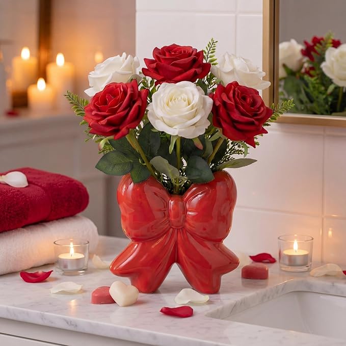 Bow Vase Coquette Ceramic Vase Pen Holder Makeup Brush Holder Contemporary Design Decorative Women Gift for Christmas Home Office Shelf Table Room(Red,Small,Classic)