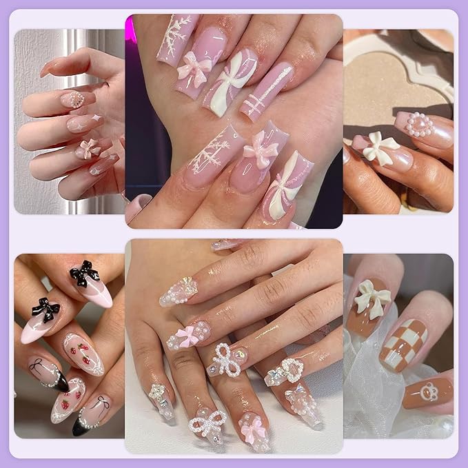 120 Pcs 3D Nail Bow Charms + 2-4mm Nail Pearls Set 9, Pink White Lilac Bow Nail Charms and White Flatback Pearls with Nail Charm Glue Gel(UV Needed) and Pickup Tools for Nail Art Decoration