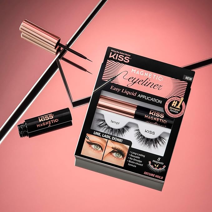 KISS Magnetic False Eyelashes and Eyeliner, ‘Tempt’, 14mm, Easy to Apply, Reusable, No Glue, Flexiband Technology, Precision Felt Tip, Fortified Formula, 1 Pair Strip Lashes