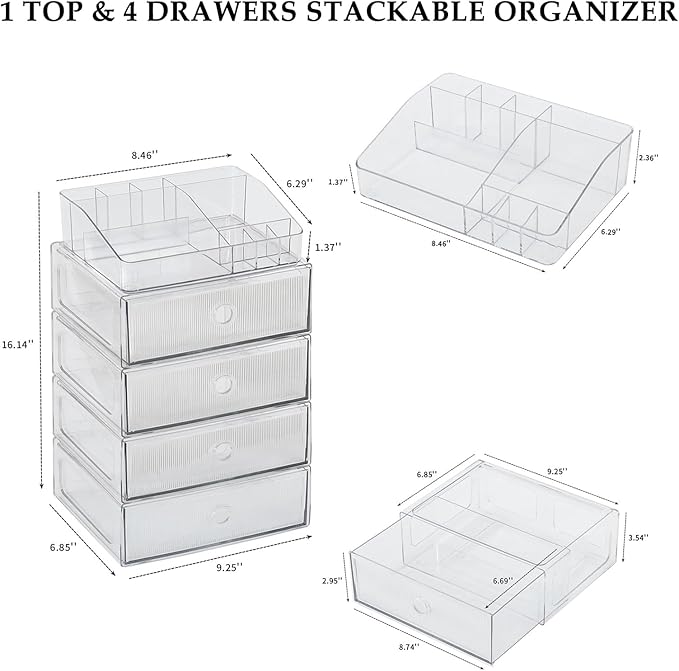 5-Tiers Makeup Organizer with Drawer for Vanity, Stackable Bathroom Storage Box for Beauty Essentials, Skincare Products, Cosmetic Brushes, Perfume Stand, Clear Lipsticks Holder