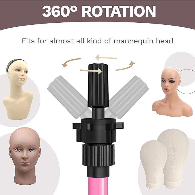 Wig Stand Tripod 50 Inch Metal Wig Mannequin Head Tripod Stand For Hairdressing Training Head Adjustable Wig Tripod Stand with Tool Tray (Pink, Mannequin Head Not Included)