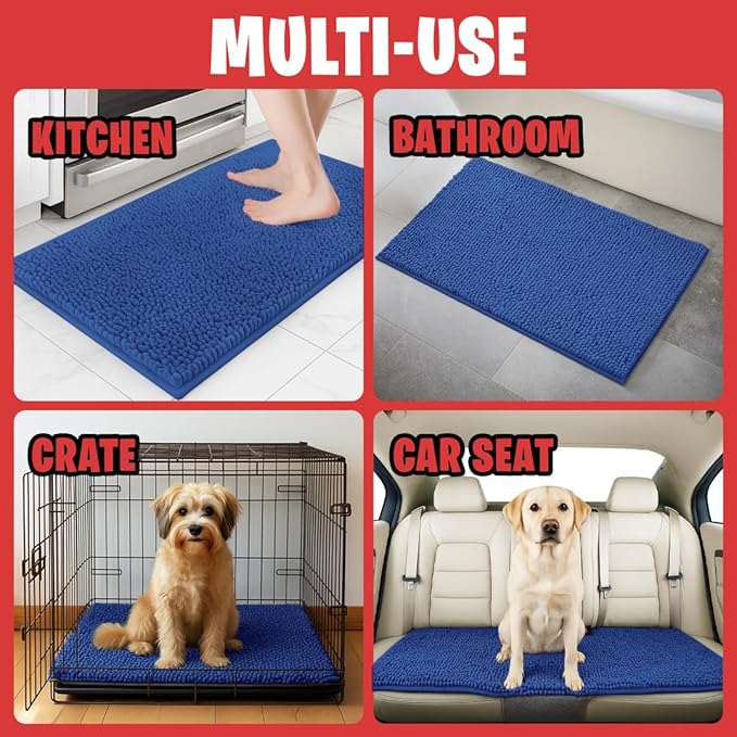 MudGuard Mat™ Dog Door Mat for Muddy Paws, Super Absorbent Microfiber, Non-Slip Indoor Mat, Quick Dry Chenille Mud Mat for Dogs & Entryway, Washable, Navy Blue 19" x 30"