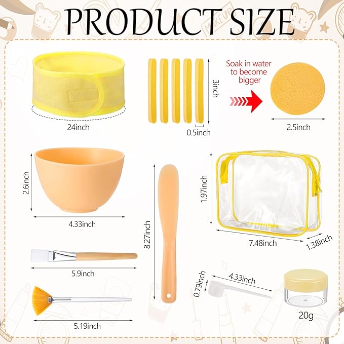 LemonRoad 34 Pcs Esthetician Facial Supplies Include Facial Bowls Brushes Jars Measuring Spoons Hairbands Esthetician Essentials Valentines Gift Set For Women(Yellow)