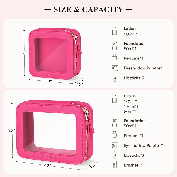 Clear Makeup Bag, Travel Toiletry Bag Cosmetic Case for Women, Waterproof Portable Make Up Skincare Pouch with Zipper, Compact Car Organizer Bag for Essentials, Mini & Medium, Hot Pink