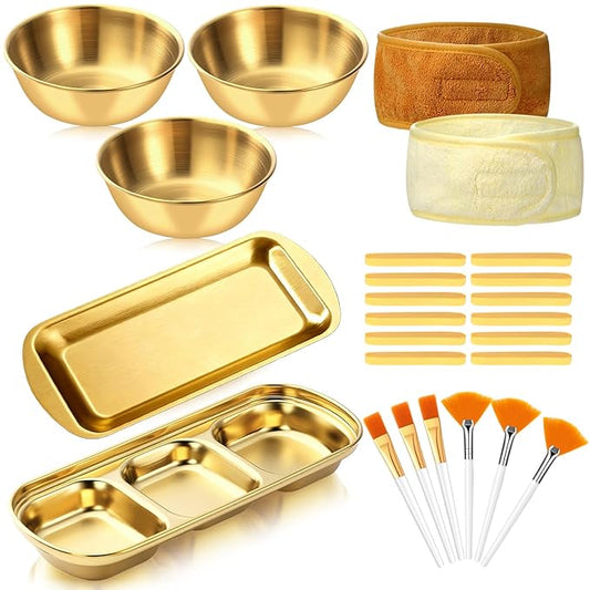 LemonRoad 25 Pcs Esthetician Facial Supplies Set, 3 Stainless Steel Mixing Bowls, 2 Serving Trays, 6 Brushes, 2 Hairbands, 12 Compressed Sponges for Women Facial Mask Spa Home Use(Gold)