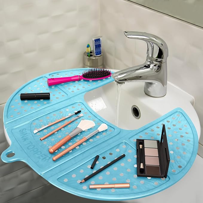 Sink Topper Bathroom Sink Cover for Counter Space & Storage Saver | RV Must Haves | Silicone Foldable Beauty Makeup Brush Cleaning Mat | Hot Tools Organizer | RV Sink Cover | Standard, Pacific Blue
