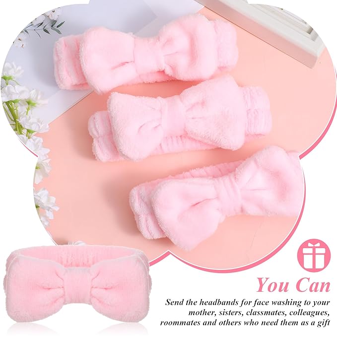20 PCS Spa Headband, Makeup Headbands for Girls, Non-slip Wide Facial Headband for Washing Face, Spa, Skincare & Sleeping, Soft Flannel Bowtie Design (Pink)