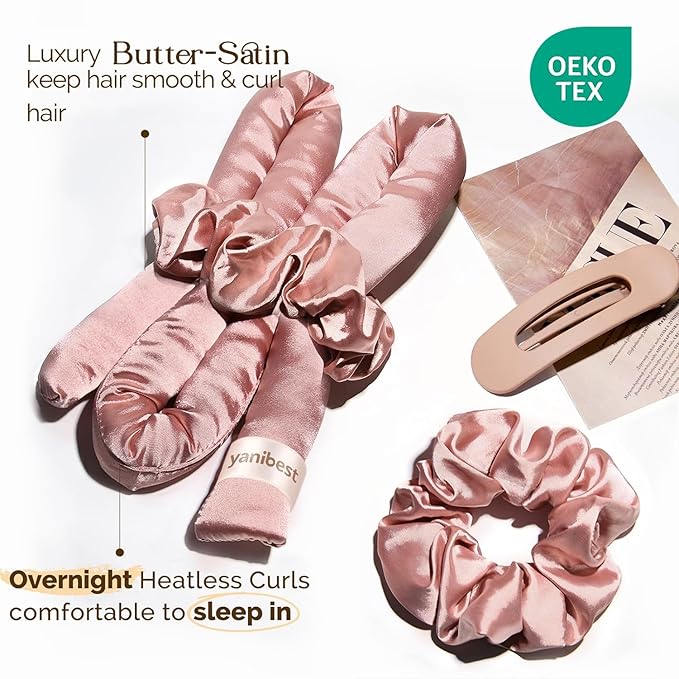 Yanibest Super Soft Satin Heatless Curler Set, Overnight Hair Curler to Sleep in, No Heat Curling Rods, with Satin Scrunchies and Clip