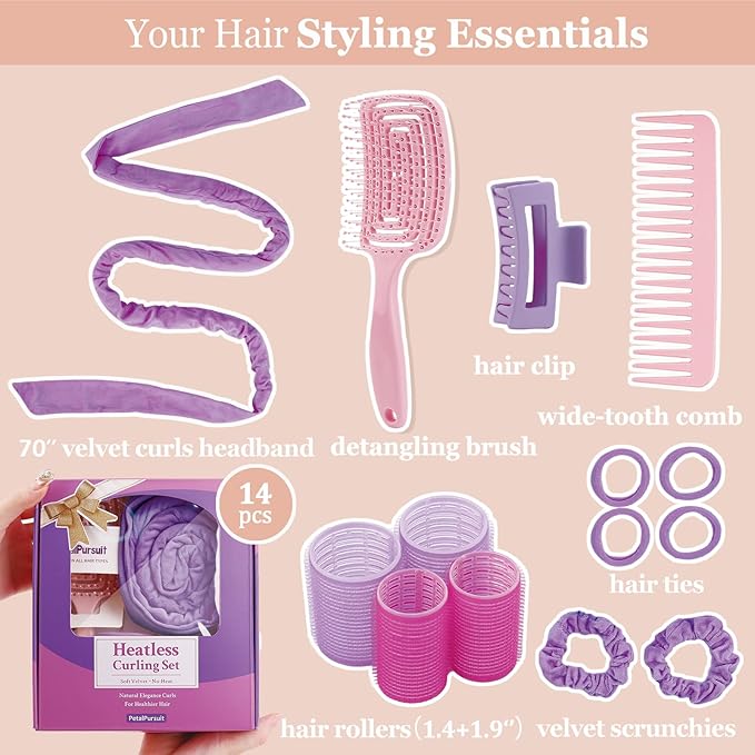 Heatless Curls Overnight, 70'' Velvet Hair Curlers for Long Hair, No Heat Hair Rollers - Purple