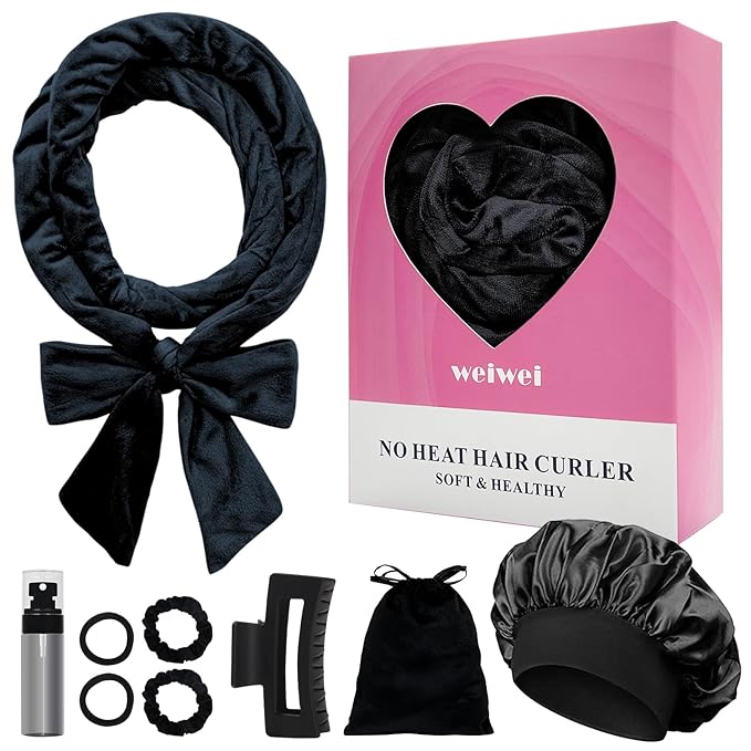 weiwei Heatless Overnight Curling Headband, 70" Non-Heat Hair Wave Wrap with 9 Soft Rollers for Long Hair (Black)