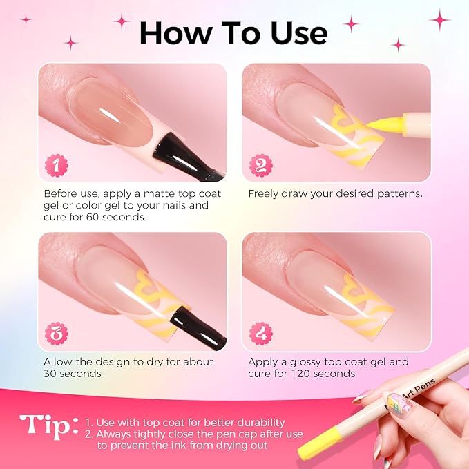 6 Colors Nail Art Pens Set, 3D Nail Polish Pens Quick-Drying Acrylic Paint Markers, Dotting Liner Brush for DIY Nail Design, Home & Salon Manicure Tools